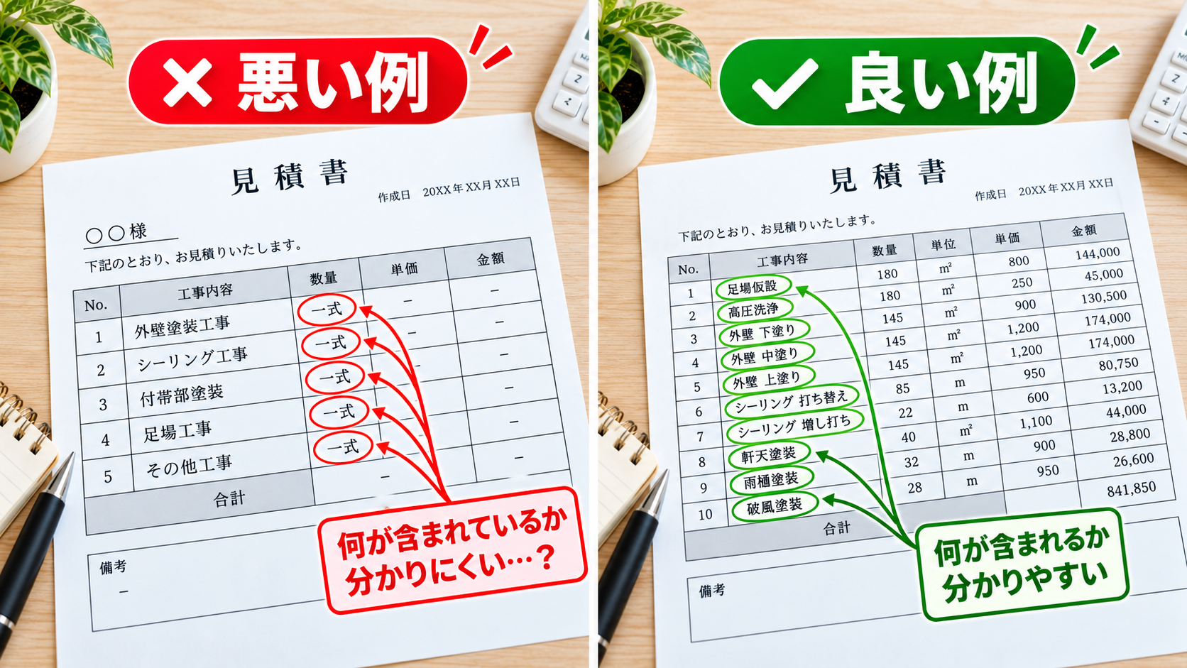 外壁塗装の見積書で一式表記と明細表記を比較したイメージ